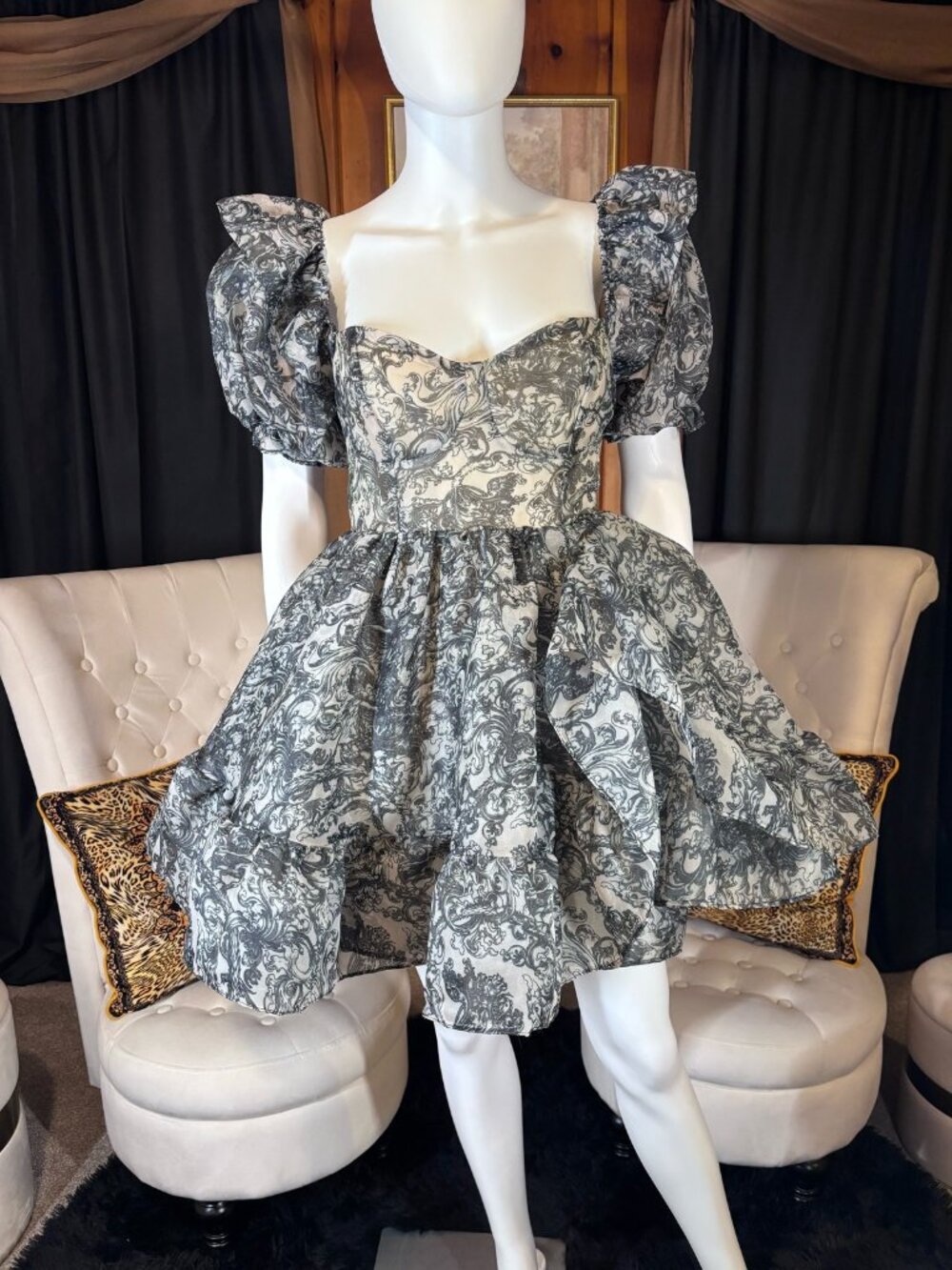 Baroque Toile Organza Puff Sleeve Princess Dress